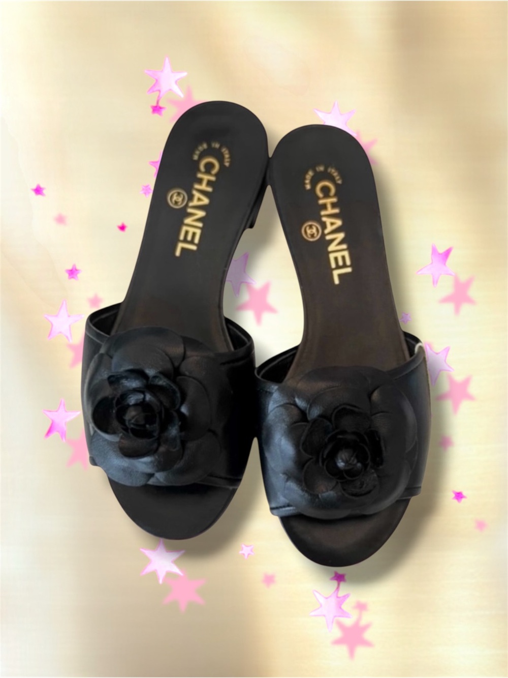 🆕💗CHANEL Black Lambskin Camellia Flower Sandals Mules CC Logo Gold-Tone HW 37C